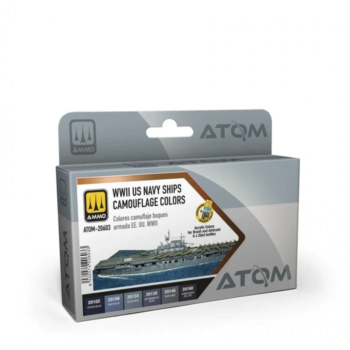 AMMO by Mig 20603 Atom: WWII US Navy Ships Camouflage Acrylic Paint Set (6 Colors) 20ml Bottles