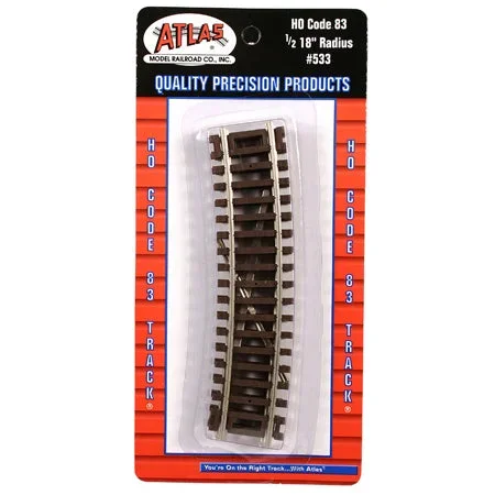 Atlas 533 HO Scale Code 83 18″ Radius 1/2 Curve Track (4-Pack)