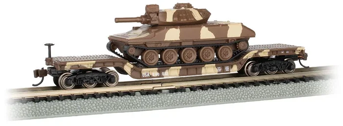Bachmann 71387 N Scale 52′ Center Depressed Flatcar with Sheridan Tank – Desert Camo