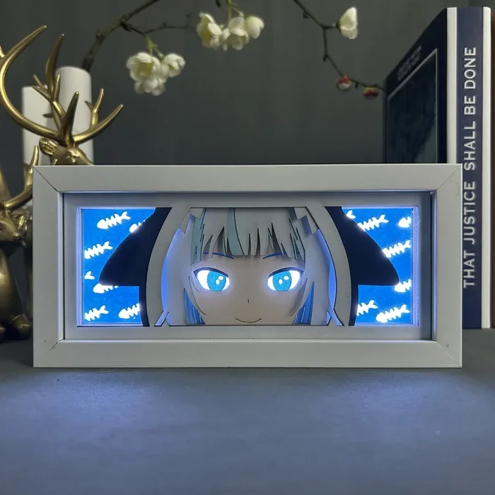 Caixa de luz LED de anime com tema de tubarão-adorável lâmpada de brilho azul 3D
