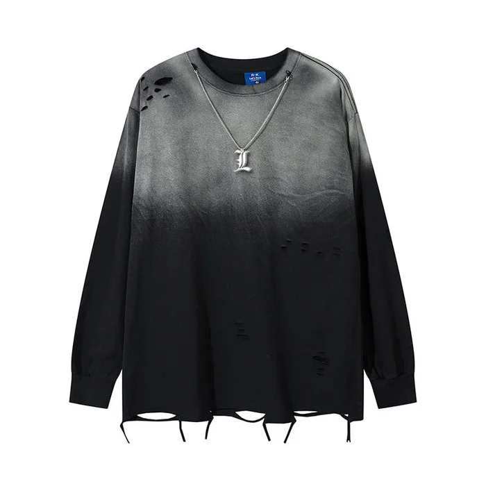 Camisa de manga larga de la muerte de edición limitada – Gradiente negro y gris con diseño angustiado y dobladillo artístico