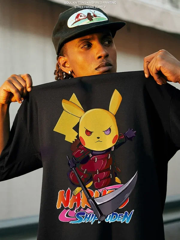 Camiseta gráfica de Crossover Naruto Shippuden Pikachu Madara – Ropa de mashup de anime
