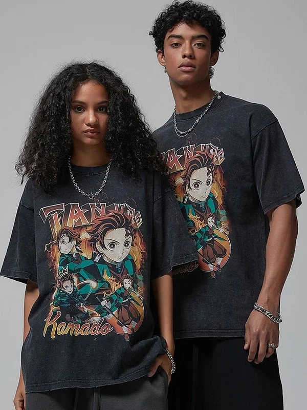 Camiseta Vintage Demon Slayer – Tee gráfico de anime angustiado con Tanjiro