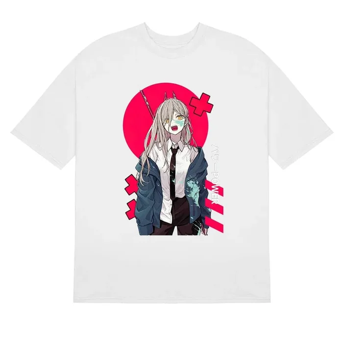 Chainsaw Man Power Red Sun T -Shirt – เสื้ออนิเมะผ้าฝ้าย 100% พร้อมการออกแบบตัวหนา