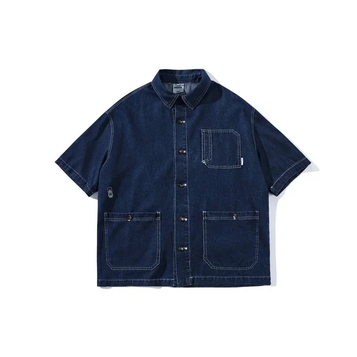 Chemise de travail en chambray en denim foncé en vente – Style vintage à manches courtes pour hommes et femmes