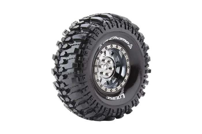 CR-Champ 1/10 1.9″ Crawler Tires, 12mm Hex, Super Soft, Mounted on Black Chrome Rim, Front/Rear (2)