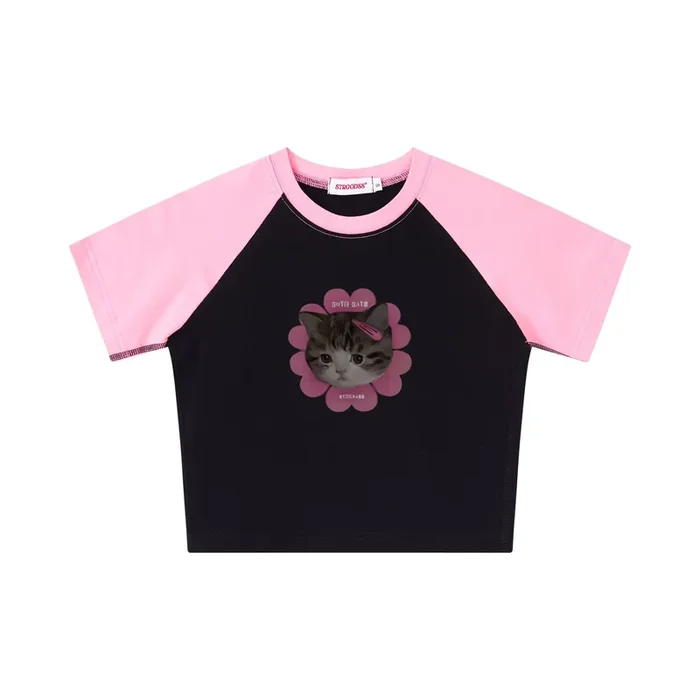 Crop-T-Shirt mit Katzen-Motiv