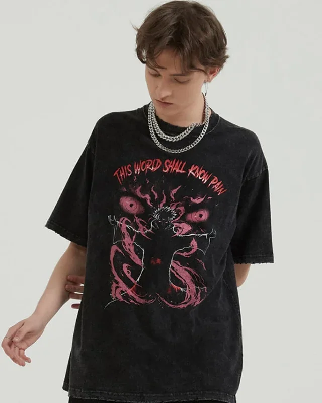 Dor ‘Este mundo conhecerá a dor’ T-shirt vintage-icônico Naruto Shippuden Design