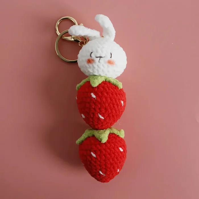 Double Strawberry Bunny Crochet Keychain