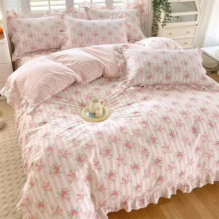 Floral Pink Ruffles 100% Cotton 3pc Bedding Set