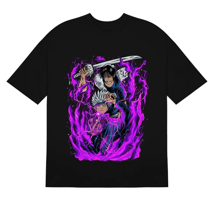 Fushiguro Toji et Gojo Satoru Purple Flames Jujutsu Kaisen T-Shirt – Conception d’anime dynamique