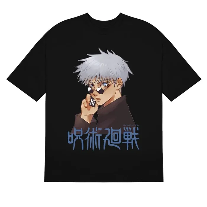 GOJO SATORU JUJUTSU KAISEN Camisa con diseño de pose telefónica genial – vestimenta de anime elegante