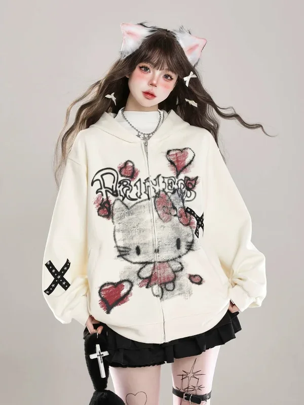 Gothic Hello Kitty Princess Hoodie-Zip de grandes dimensões com coração nervoso e gráficos cruzados
