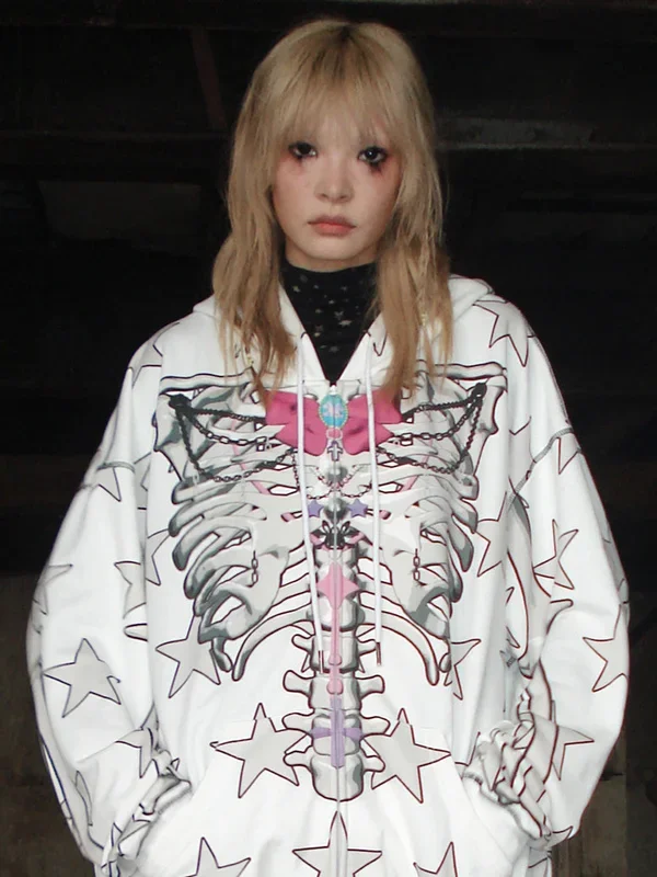 Gothic Skeleton Star Hoodie – Full-Zip Hoodie mit Skelett-Print und Sternenmuster