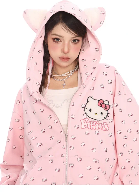 Hello Kitty Pink Kawaii Hoodie-милая негабаритная застежка с кошачьим ушным капюшоном и всеобъемлющим принтом
