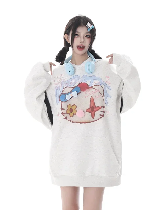 Hoodie Kawaii Pom-Pom Crown-Hoodie cinza fofo com gráfico de gato exclusivo e detalhes 3D POM
