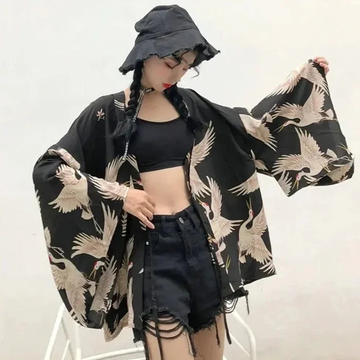 Japanese-themed Majestic Cranes Black Women’s Kimono