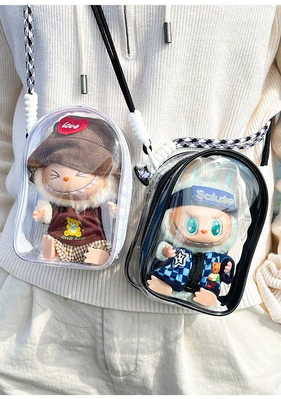 กระเป๋าใส่ของแบบสะพายไหล่สำหรับ Labubu v2 – กระเป๋า PVC ใสกันฝุ่นสำหรับ Pop Mart Figures