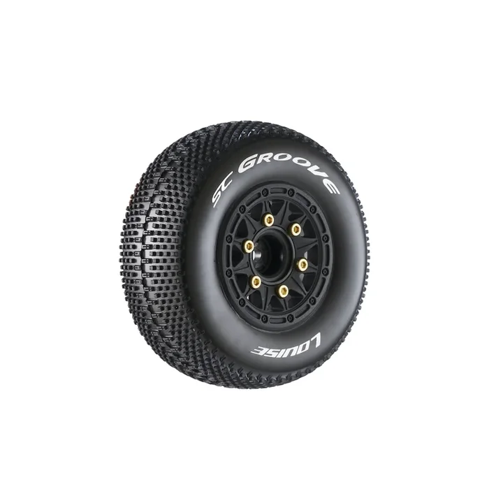 Louise RC L-T3146SB SC-Groove Soft Tires on Black Rim with Removable Hex for 1/10 Short Course (1 Pair)