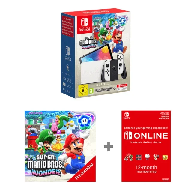 Nintendo Switch OLED White with Mario Wonder Bundle & 12 Months Nintendo Switch Online Membership