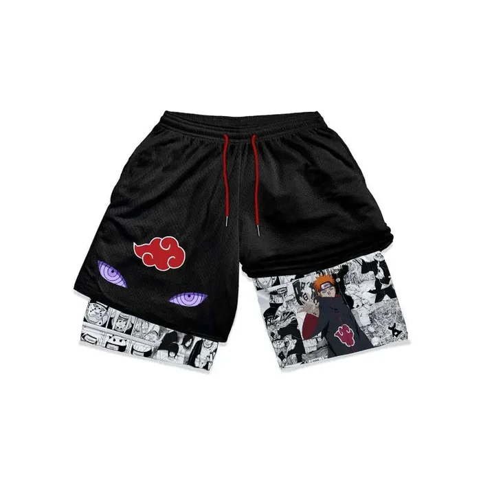 Pain Naruto Gym Shorts – กางเกงขาสั้นออกกำลังกายอนิเมะสำหรับผู้ชายและผู้หญิง | เครื่องแต่งกายฟิตเนส Rinnegan Akatsuki พร้อมการออกแบบแผงมังงะ