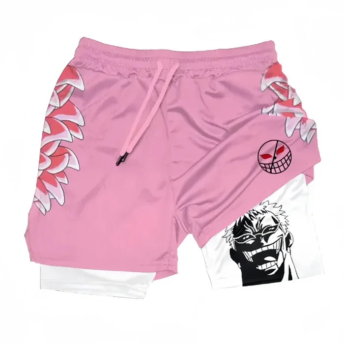 Pantalones cortos de gimnasia inspirados en una pieza con un diseño de plumas de flamenco Donquixote Doflamingo