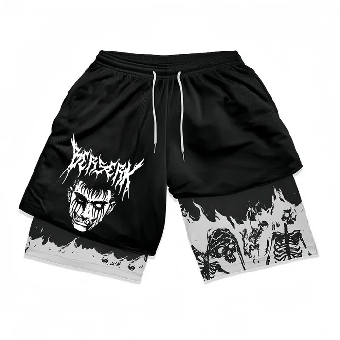Pantalones cortos de gimnasio inspirados en Berserk con revestimiento-Diseño de llamas de Rage y Eclipse de Rage y Eclipse
