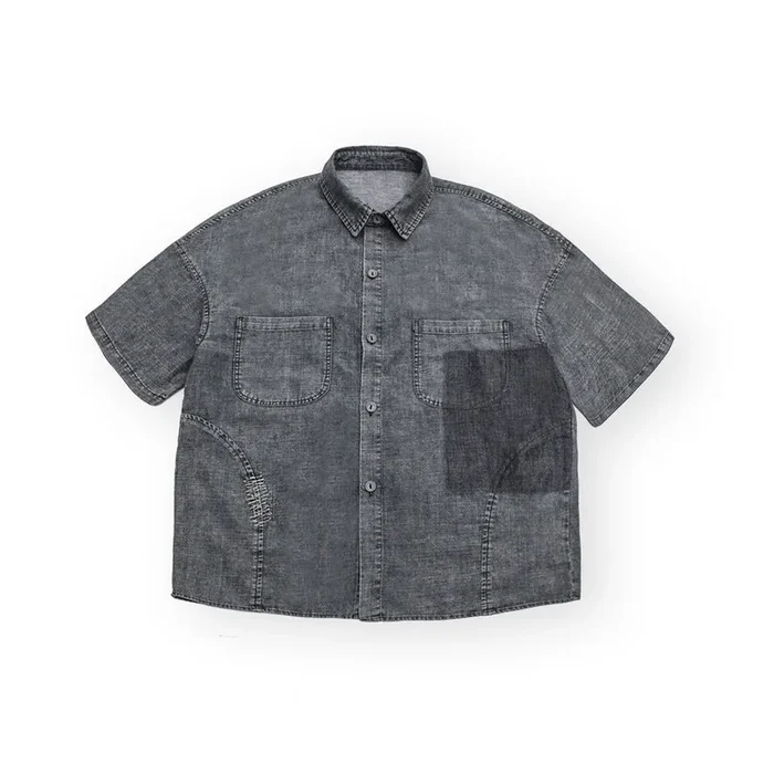 Patchwork Denim Chambray camisa à venda – estilo de manga curta masculina e feminina