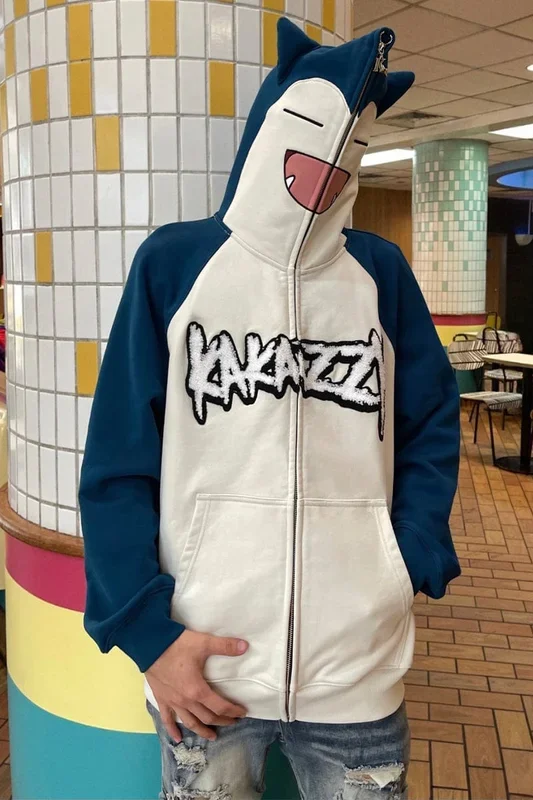 Pokemon Snorlax con sudadera con cremallera completa | Acogedor con capucha de cosplay inspirada en el anime