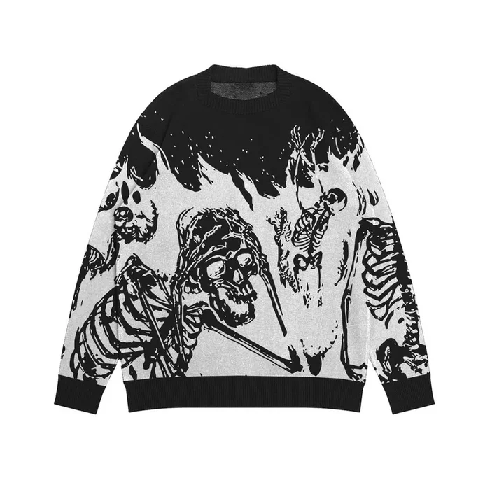 Premium Skeleton Warrior Knit Sweater – Gothic Jacquard Design