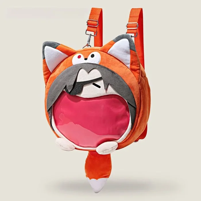 Sac à bandoulière en peluche adorable renard – Design original et amusant avec poche transparente pour la bouche