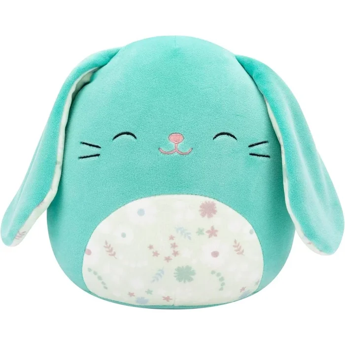 Squishmallow 7.5 Inch Easter 2025 – Regan – Turquoise Bunny With Closed Eyes and Floral Bell