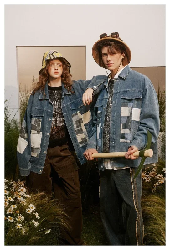 Veste Chambray en denim patchwork unique en vente – Style vintage à manches longues pour hommes et femmes